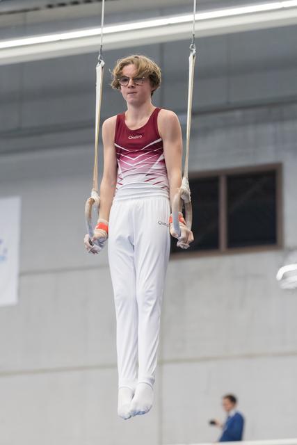 Gymnast suspended on still rings with focused expression, wearing gradient burgundy leotard and white pants in training facility