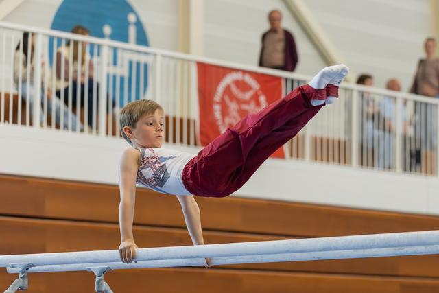 Focused young male gymnast executes a straddle L-sit on parallel bars before a crowd in a gymnasium.
