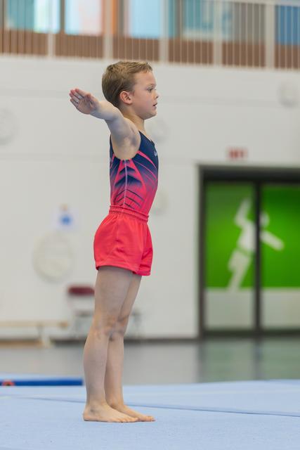 Young male gymnast stands tall on the floor mat, arm raised in a focused salute before his routine begins.