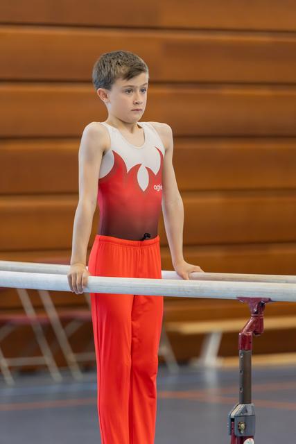 Young male gymnast stands composed at the parallel bars, expression serious and focused, wearing red competition leotard and pants.