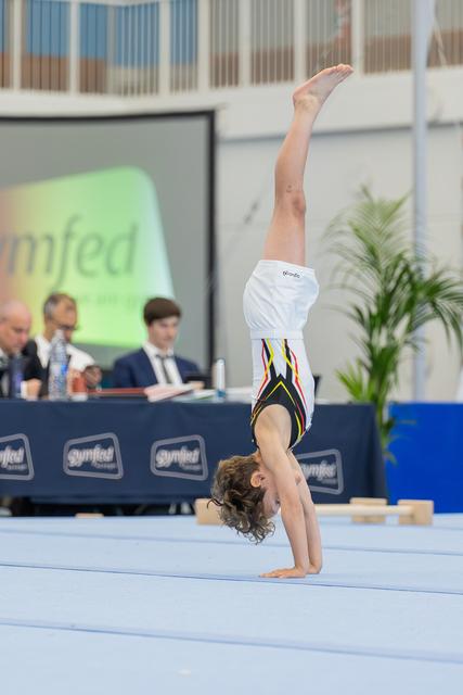 Young gymnast performs a one-legged handstand on the floor exercise mat at a Gymfed competition.