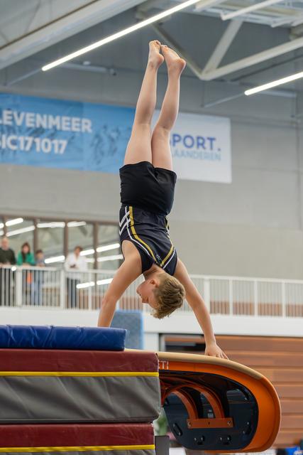 Young male gymnast performs a precise handstand on the vault, legs perfectly vertical, showing focused control in an indoor sports hall.