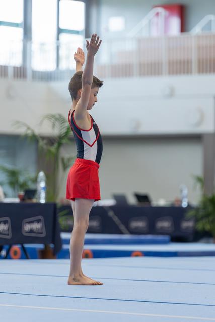 Young male gymnast stands tall on the floor mat, one arm raised in a confident salute before his routine begins.