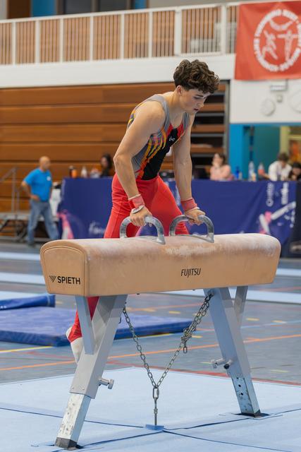 Young male gymnast grips pommel horse handles, focused and composed, preparing his routine at an indoor gymnastics meet.