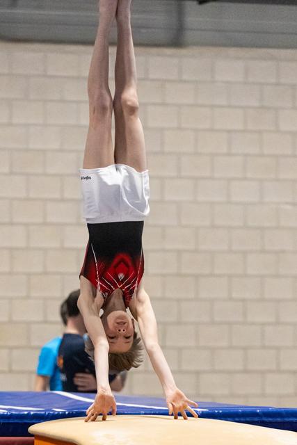 Young gymnast performing a handstand on vaulting table during warm-up, demonstrating strength and balance in the gym