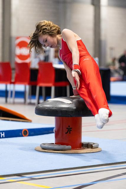 Gymnast in red leotard performing on pommel horse with focused concentration, body angled during routine