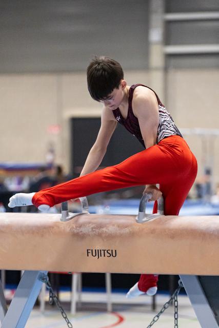Male gymnast executes a horizontal hold on pommel horse, displaying strength and concentration in competition setting
