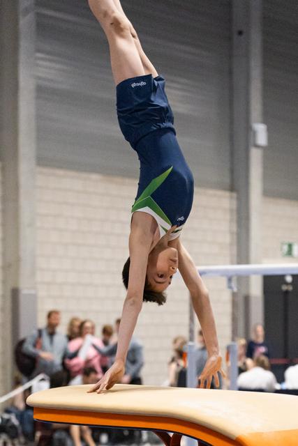 Male gymnast performs a handstand on the vaulting table during routine, arms extended, with spectators in background