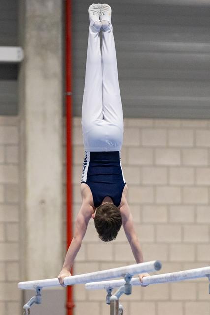 Male gymnast executes inverted handstand on parallel bars, displaying strength and control during routine
