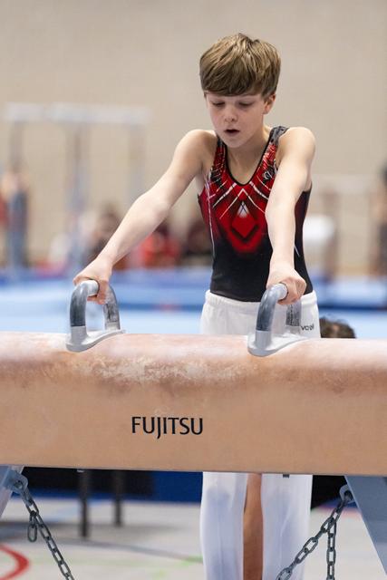 Young gymnast focuses intently while gripping pommel horse handles, wearing red and black leotard in training facility