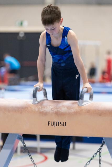 Young gymnast in blue leotard concentrates while gripping pommel horse handles during training at indoor gymnastics facility