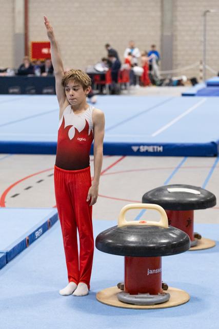 Young gymnast in red uniform stands with arm raised in salute beside pommel horse on blue competition floor
