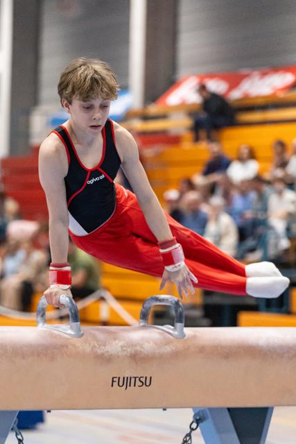 Young male gymnast in red and black leotard performs on pommel horse, displaying focused concentration during routine