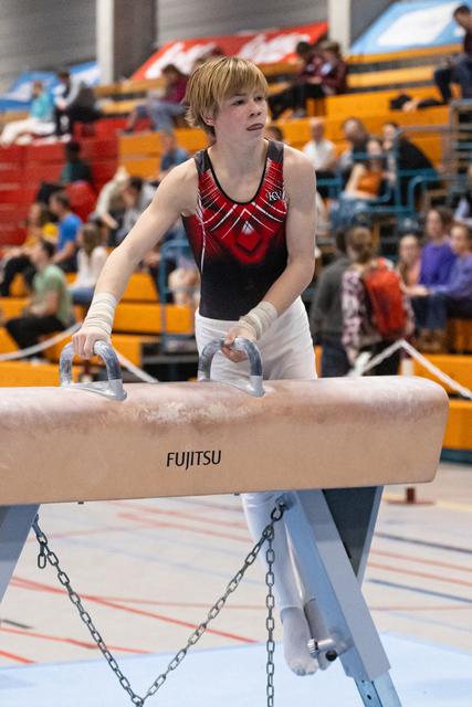 Young male gymnast with blonde hair performs on pommel horse, gripping handles with focused expression in gymnasium