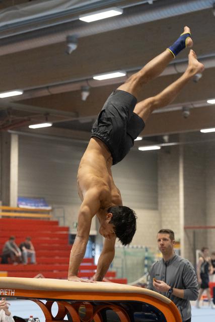 Male gymnast performs controlled handstand on pommel horse while coach observes, displaying strength and balance in training facility