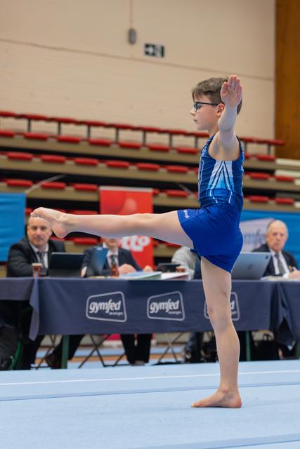 Boy gymnast in blue leotard performs arabesque on floor, arms raised, leg extended, judges visible behind