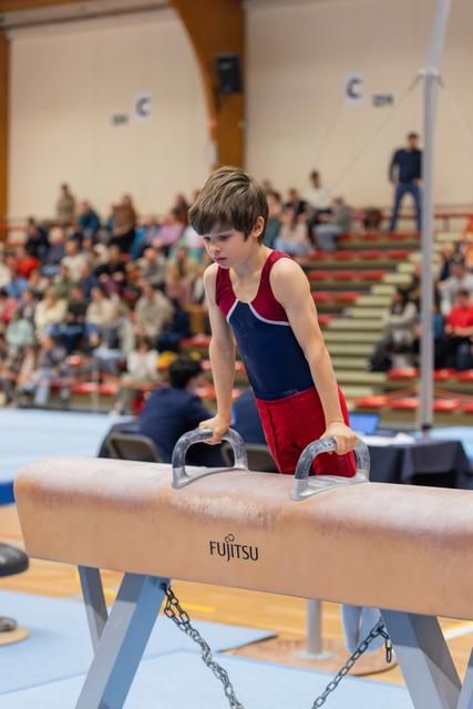 Young boy in red leotard grips pommel horse handles with intense focus during a gymnastics competition before a packed crowd.