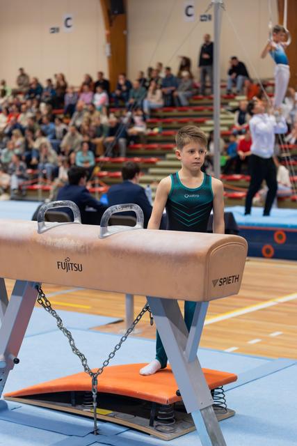 Young gymnast in teal leotard stands focused at pommel horse, crowd watching in packed gymnasium behind him.