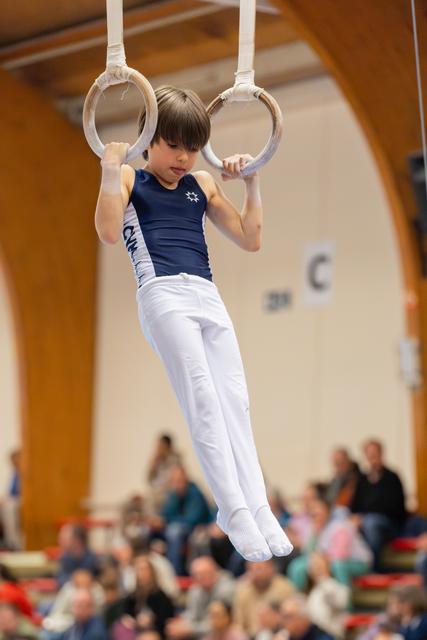 Focused young male gymnast suspended on still rings, gripping firmly with concentration, performing before a crowd in a sports hall.