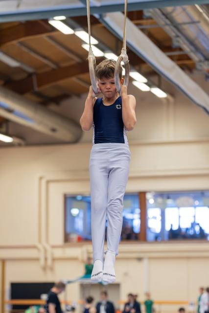 Young male gymnast hanging from still rings with intense concentration, wearing navy leotard and white pants in a gymnasium.
