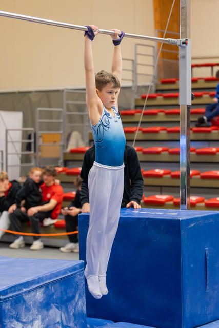 Focused young male gymnast hangs from the high bar in a blue leotard, body straight, crowd visible behind.