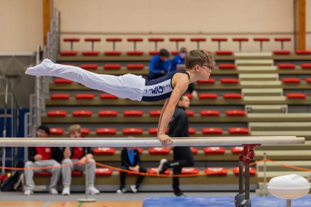 Young gymnast performs a planche hold on parallel bars, body horizontal, concentrated expression, spectators in background.