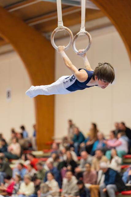 Young male gymnast performs a horizontal hold on still rings, body parallel to floor, intense concentration, indoor gym with spectators