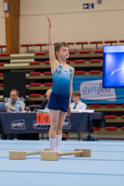 Young male gymnast stands tall on parallel bars, right arm raised in a focused salute to judges at a Gymfed event.