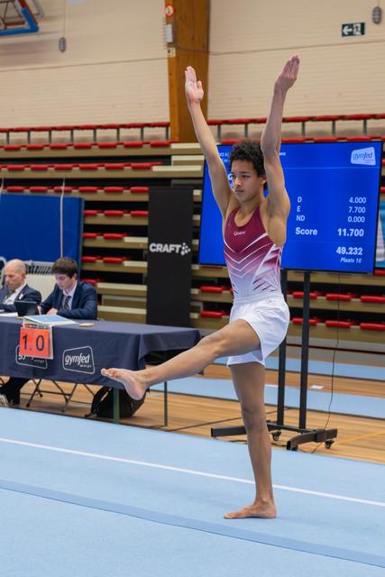 Young gymnast performs an arabesque on floor exercise, arms raised high, score of 11.700 displayed on screen behind.