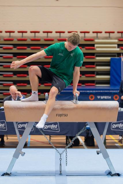 Young male gymnast in green shirt grips pommel horse handles, focused and balanced during a competitive gymnastics event.
