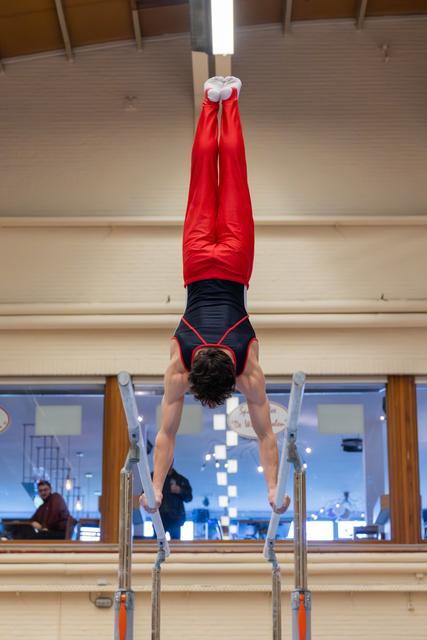 Male gymnast performs a perfect handstand on parallel bars, body fully extended, wearing a red and black leotard.