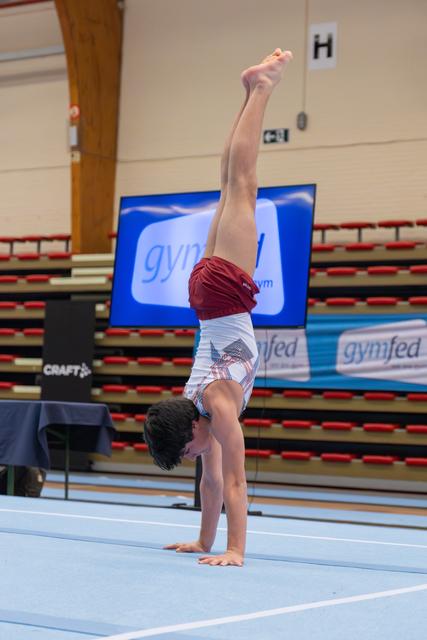 Young gymnast performs a handstand with legs split on a blue floor mat at a Gymfed competition.