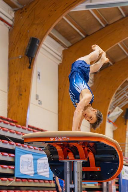 Young male gymnast holds an inverted handstand on a Spieth vault during an indoor gymnastics competition.
