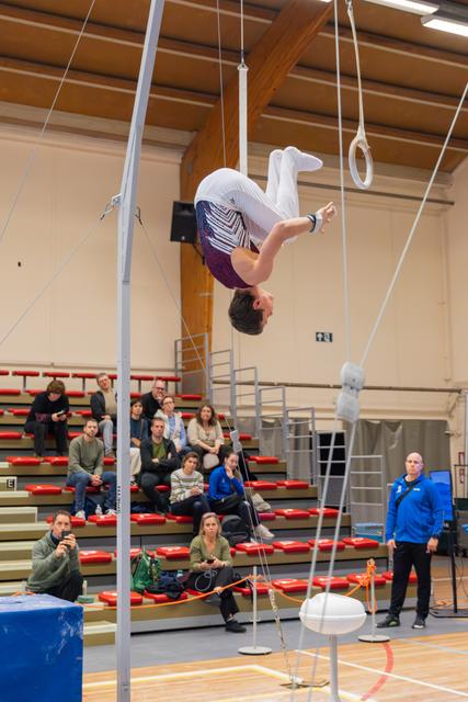 Young male gymnast hangs inverted mid-air above still rings apparatus, audience watching intently from red bleachers behind.
