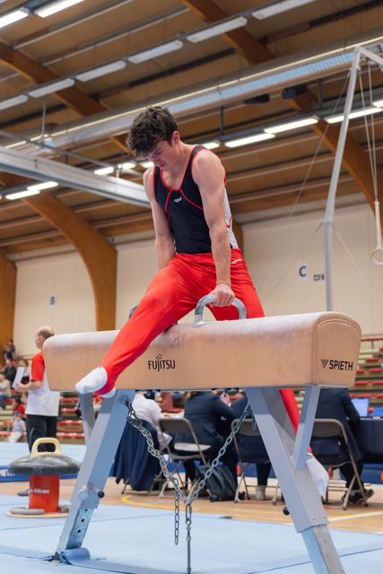 Young male gymnast in red and black leotard performs on pommel horse, concentrating intensely during competition.