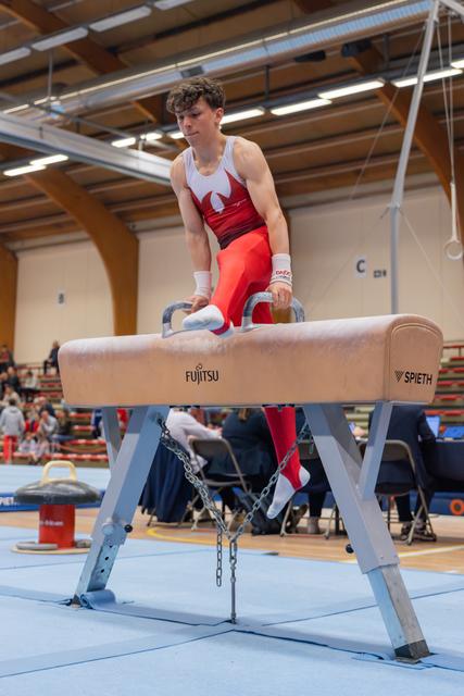 Young male gymnast in red leotard performs on pommel horse, focused expression, gripping handles during competitive routine.