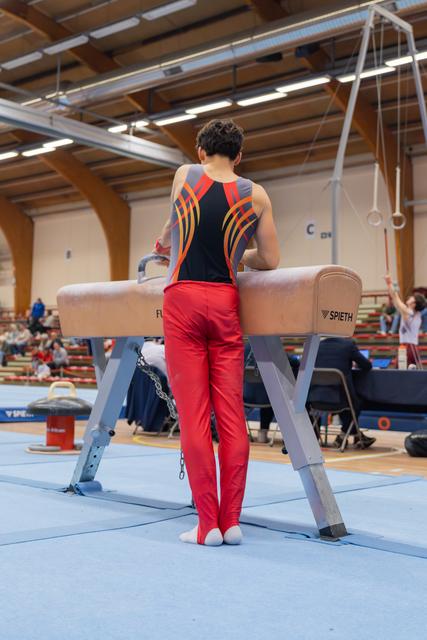 Male gymnast in red pants stands at a Spieth pommel horse, back to camera, focused before his routine.