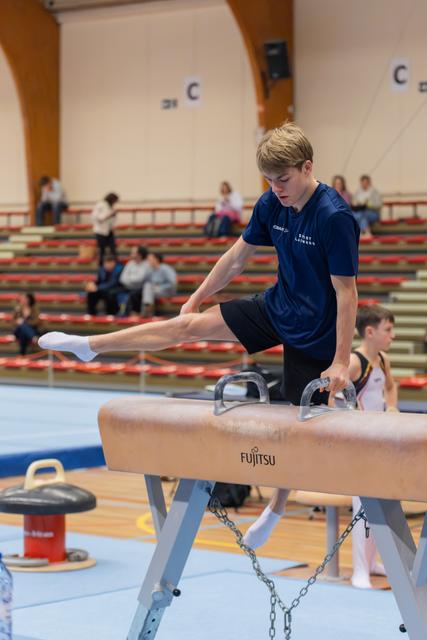 Young male gymnast performs a scissor swing on a Fujitsu pommel horse, focused expression, indoor gymnastics hall.