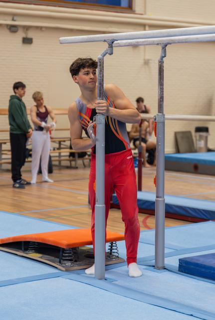 Young male gymnast grips parallel bar supports, looking focused and composed in a red and blue leotard in a gymnasium.