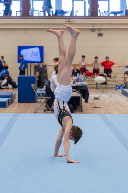 Young male gymnast holds a steady handstand on the blue floor mat during an indoor gymnastics meet.