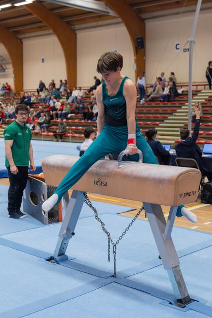 Young male gymnast performs on the pommel horse, gripping handles with focused concentration, wearing teal leotard in a packed gymnasium.