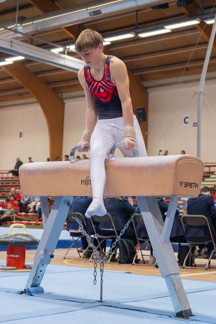 Young male gymnast sits on a Spieth pommel horse, focused and composed, gripping the handles during a gymnastics meet.