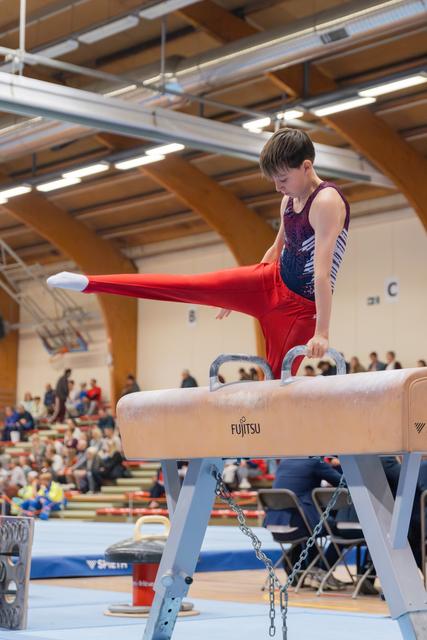 Young male gymnast performs a leg split on the pommel horse, focused and controlled, in a packed gymnastics hall.