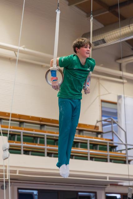 Young male gymnast hangs on still rings in a gym, looking sideways with concentration, wearing a green outfit.