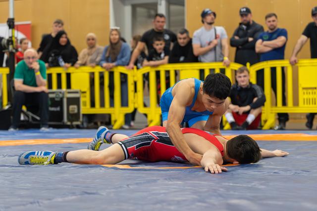 Young wrestler in blue pins opponent face-down on the mat, asserting dominance before a crowd of spectators.