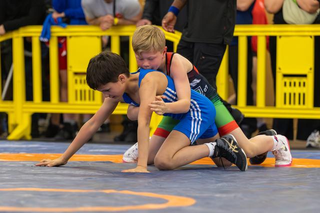 Two young boys wrestling on a blue mat, one boy in blue singlet struggles forward while opponent grips him from behind.