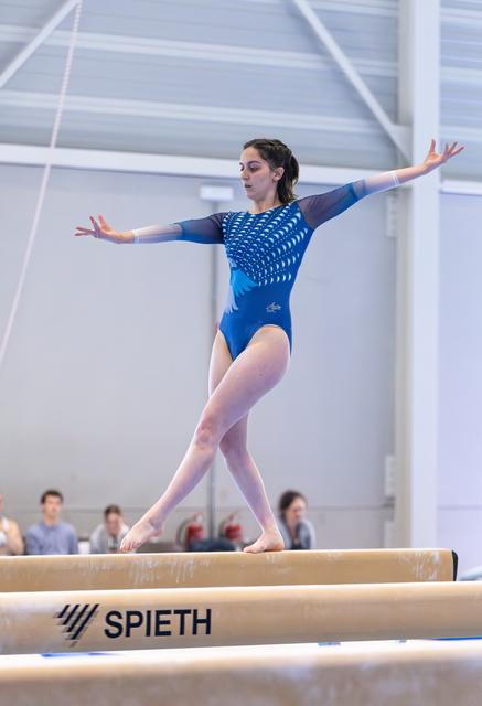 Gymnast performs on balance beam with arms fully extended, displaying focus and poise in blue leotard at indoor facility