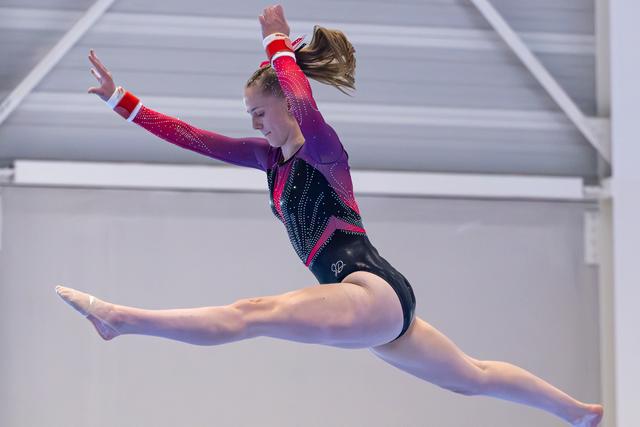 Gymnast performs a soaring split leap with extended arms, wearing a purple and black leotard in mid-air
