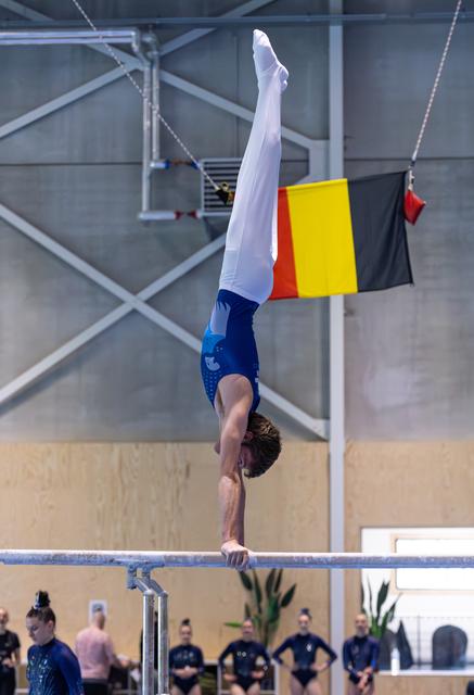 Athlete performs vertical handstand on uneven bars beneath Belgian flag, demonstrating strength and balance in training facility