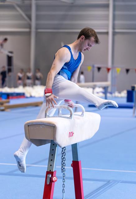 Young male gymnast performing a leg hold on the pommel horse, demonstrating control and concentration during training